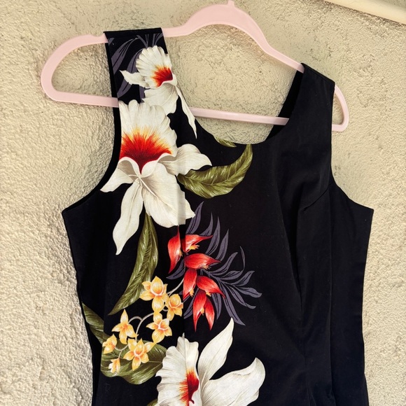 Vintage KY’s Hawaii Floral Iris Black Cotton Sleeveless Maxi Dress Tiki Aloha - Picture 5 of 13
